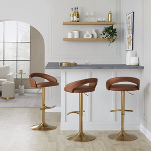 English Elm Adjustable Swivel Barstools Gold Base Faux Leather Upholstered Set of 3 Kitchen Bar Camel B202S02340