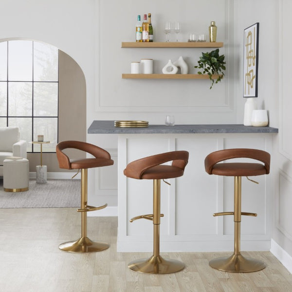 English Elm Adjustable Swivel Barstools Gold Base Faux Leather Upholstered Set of 3 Kitchen Bar Camel B202S02340