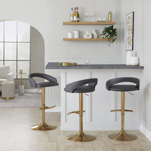 English Elm Adjustable Swivel Barstools Gold Base Faux Leather Upholstered Set of 3 Kitchen Bar Grey B202S02341