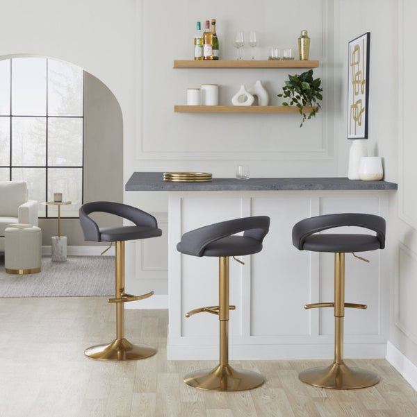 English Elm Adjustable Swivel Barstools Gold Base Faux Leather Upholstered Set of 3 Kitchen Bar Grey B202S02341