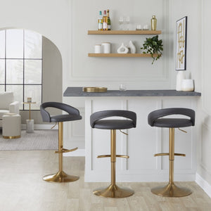 English Elm Adjustable Swivel Barstools Gold Base Faux Leather Upholstered Set of 3 Kitchen Bar Grey B202S02341