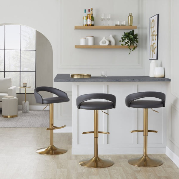 English Elm Adjustable Swivel Barstools Gold Base Faux Leather Upholstered Set of 3 Kitchen Bar Grey B202S02341