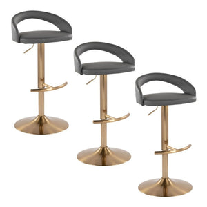 English Elm Adjustable Swivel Barstools Gold Base Faux Leather Upholstered Set of 3 Kitchen Bar Grey B202S02341