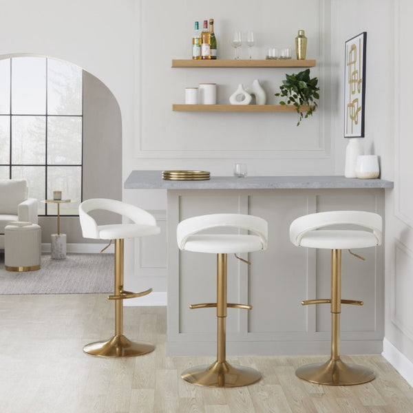 English Elm Adjustable Swivel Barstools Set of 3 Gold Base PU Leather for Kitchen Island White B202S02342