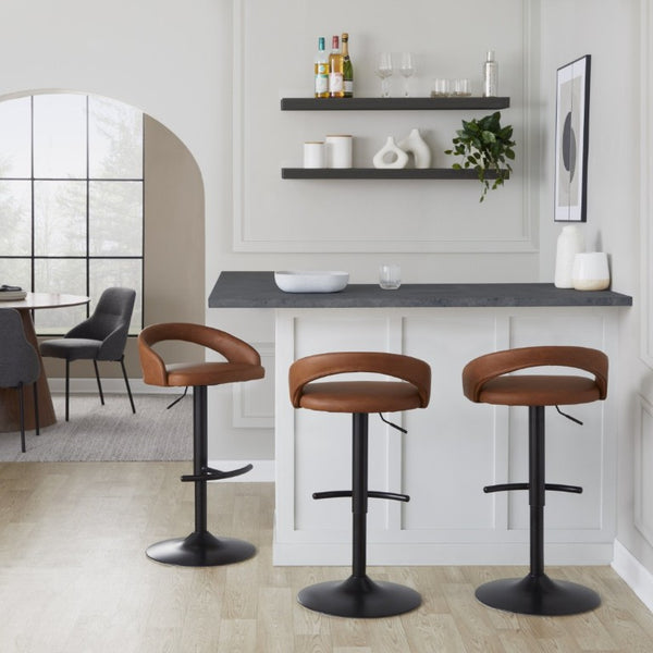 English Elm Adjustable Swivel Barstools Set of 3 in PU Leather with Black Metal T Footrest Camel B202S02344