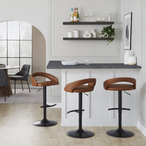 English Elm Adjustable Swivel Barstools Set of 3 in PU Leather with Black Metal T Footrest Camel B202S02344