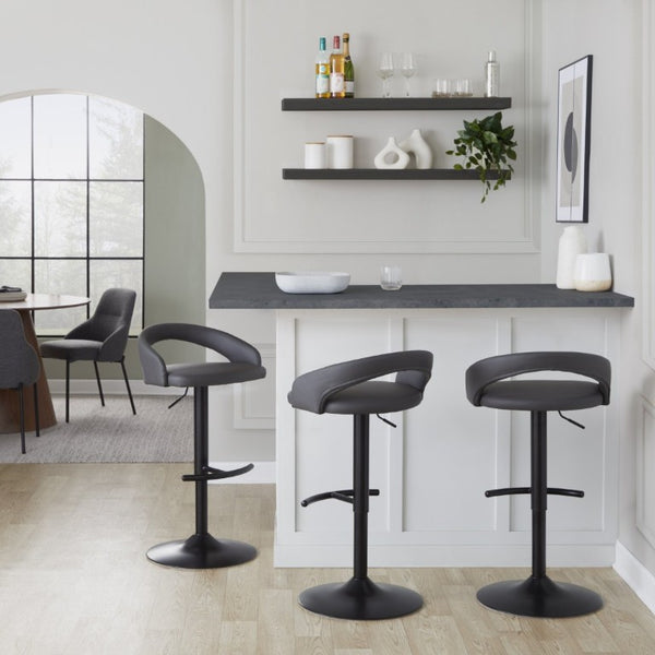 English Elm Adjustable Swivel Barstools Set of 3 in PU Leather with Black Metal T Footrest Grey B202S02345