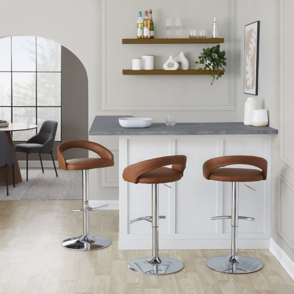 English Elm Adjustable Swivel Barstools Set of 3 PU Leather Seat Chrome Base Kitchen Counter Camel B202S02348
