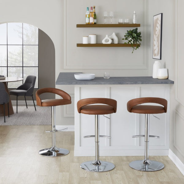 English Elm Adjustable Swivel Barstools Set of 3 PU Leather Seat Chrome Base Kitchen Counter Camel B202S02348