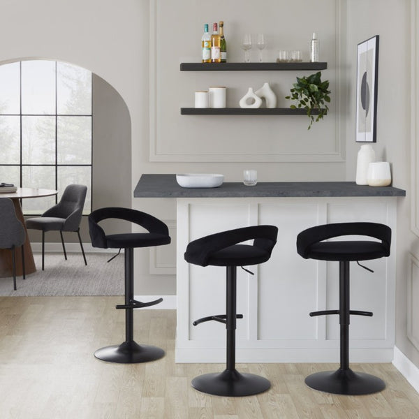 English Elm Adjustable Velvet Swivel Barstools with Pneumatic Lift Black Metal Base Set of 3 B202S02353