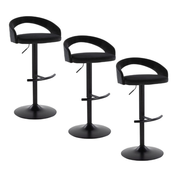 English Elm Adjustable Velvet Swivel Barstools with Pneumatic Lift Black Metal Base Set of 3 B202S02353