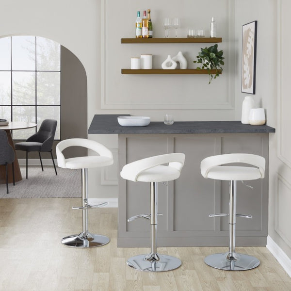 English Elm Adjustable Swivel Barstools Set of 3 Chrome Base Upholstered Kitchen Island Seating White B202S02356