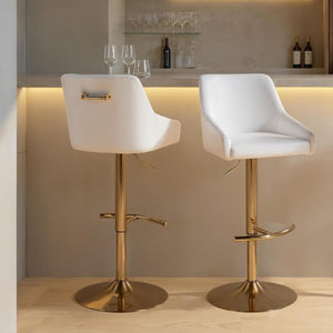 English Elm Adjustable Swivel Barstools with Gold Base and White PU Leather Seat Set of 2 B202S02359