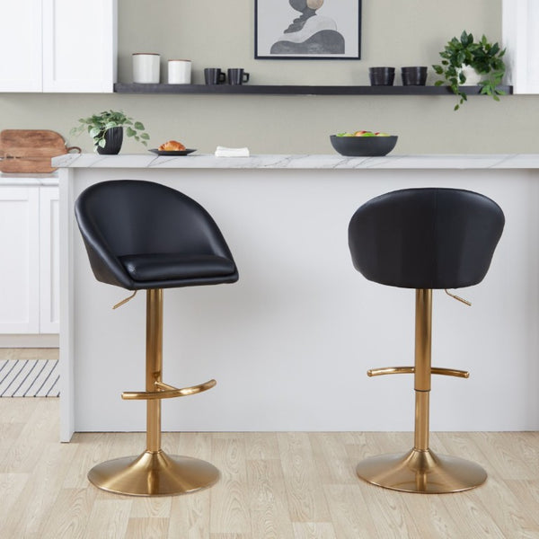 English Elm Highback Adjustable Swivel Barstool Set of 2 Gold Base Black PU Leather Kitchen Island B202S02366