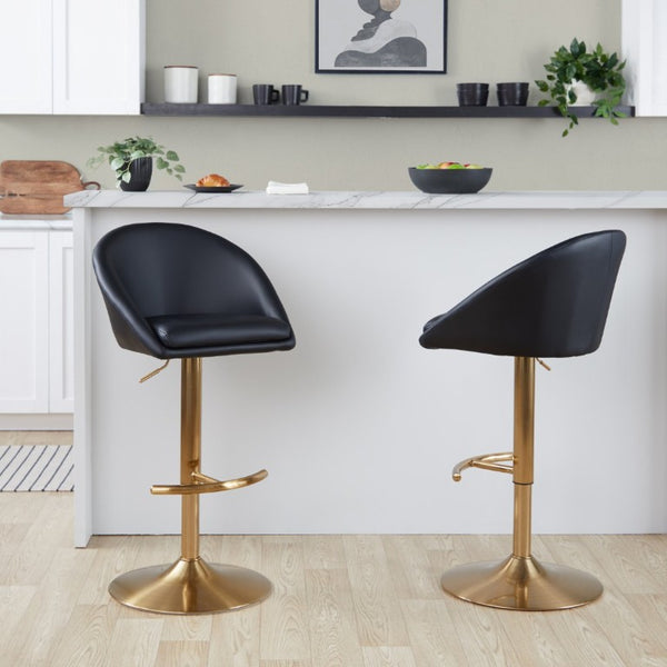 English Elm Highback Adjustable Swivel Barstool Set of 2 Gold Base Black PU Leather Kitchen Island B202S02366