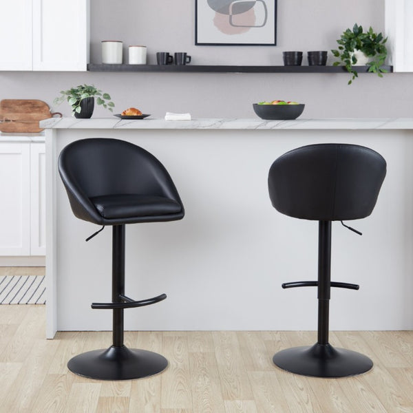 English Elm Highback Adjustable Swivel Barstools PU Leather Black Metal Set of 2 for Kitchen Islands B202S02368