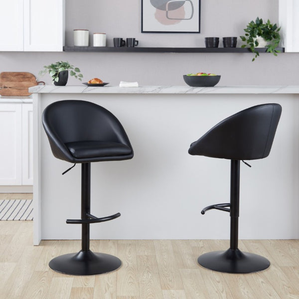 English Elm Highback Adjustable Swivel Barstools PU Leather Black Metal Set of 2 for Kitchen Islands B202S02368
