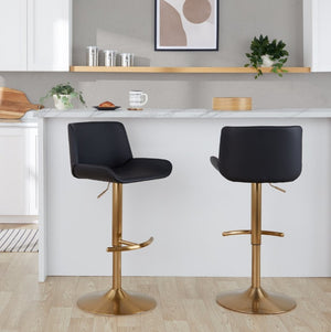 English Elm Upholstered Swivel Barstools with Gold Metal Base and Faux Leather Set of 2 Black B202S02372