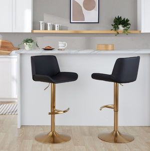 English Elm Upholstered Swivel Barstools with Gold Metal Base and Faux Leather Set of 2 Black B202S02372