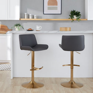 English Elm Upholstered Swivel Barstools with Gold Metal Base and Faux Leather Set of 2 Gray B202S02373