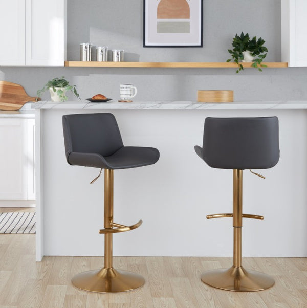English Elm Upholstered Swivel Barstools with Gold Metal Base and Faux Leather Set of 2 Gray B202S02373