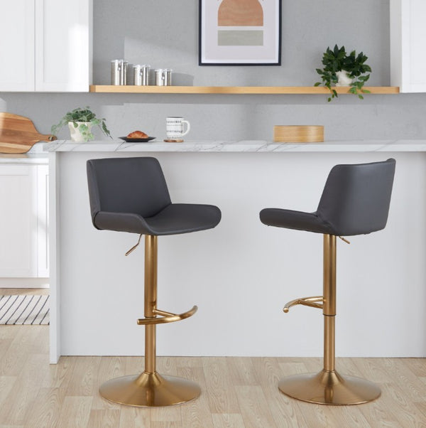 English Elm Upholstered Swivel Barstools with Gold Metal Base and Faux Leather Set of 2 Gray B202S02373