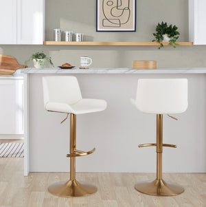 English Elm Upholstered Swivel Barstools with Gold Metal Base and Faux Leather Set of 2 White B202S02374