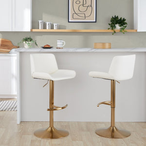 English Elm Upholstered Swivel Barstools with Gold Metal Base and Faux Leather Set of 2 White B202S02374