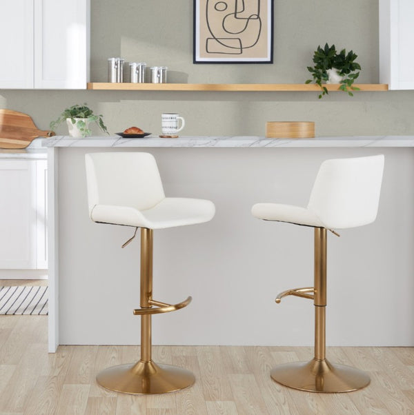 English Elm Upholstered Swivel Barstools with Gold Metal Base and Faux Leather Set of 2 White B202S02374