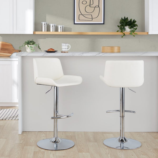 English Elm Upholstered Swivel Barstools with Chrome Base and T Footrest for Kitchen Islands Set of 2 White Faux Leather B202S02380