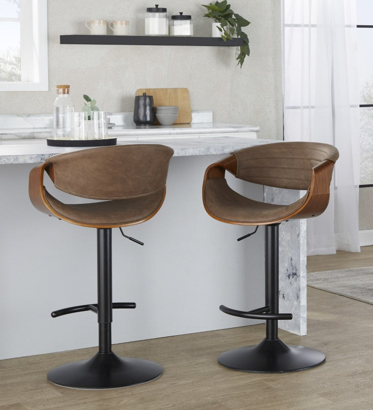 English Elm Mid-Century Modern Swivel Barstool with Walnut Legs and Faux Leather Seat Set of 2 B202S02387