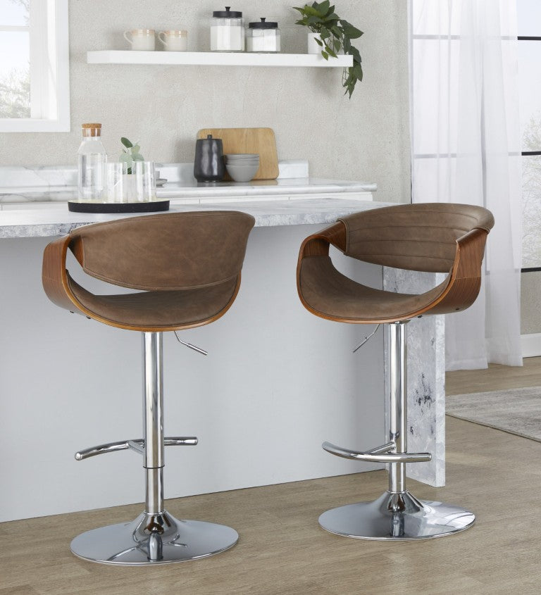 English Elm Mid-Century Modern Swivel Barstools with Chrome Base and Walnut Leg Accents Set of 2 B202S02388