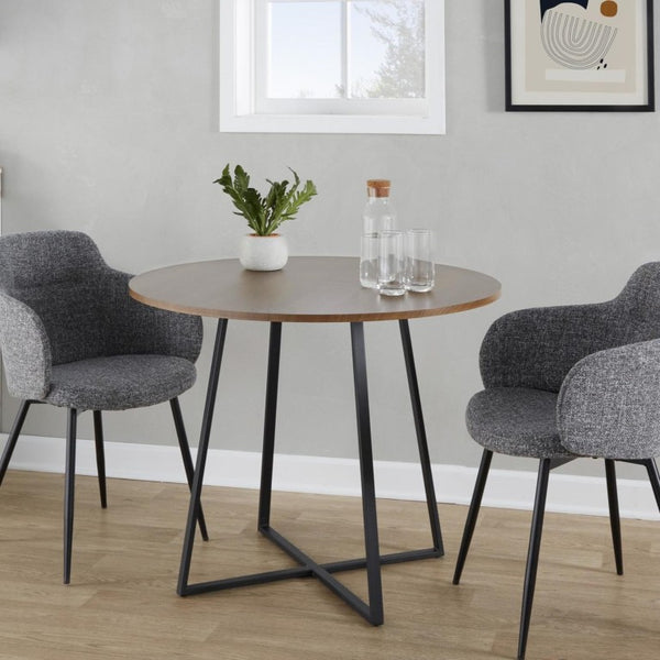 English Elm Contemporary Square Walnut Wood Dining Table with Geometric Black Metal Base Seats Four B202S02403