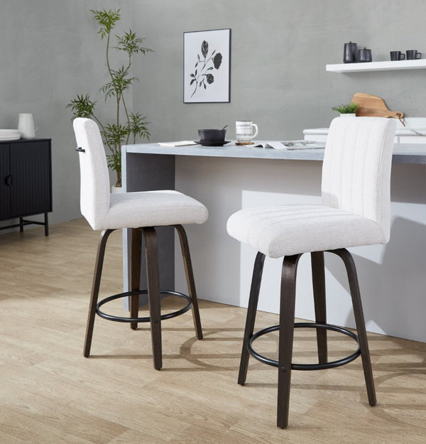 English Elm 26 Inch Swivel Counterstools with Bentwood Base Grey Upholstery and Metal Footrest Set Light Gray Fabric B202S02426