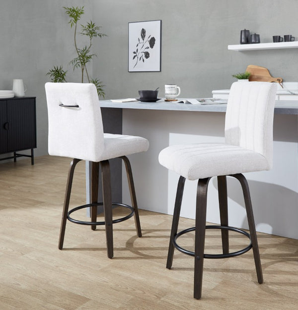 English Elm 26 Inch Swivel Counterstools with Bentwood Base Grey Upholstery and Metal Footrest Set Light Gray Fabric B202S02426