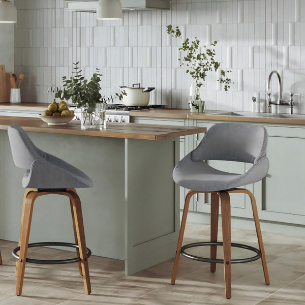 English Elm Mid-Century Modern Swivel Counterstools with Walnut Frame and Upholstered Seats Set of 2 Gray Fabric B202S02435