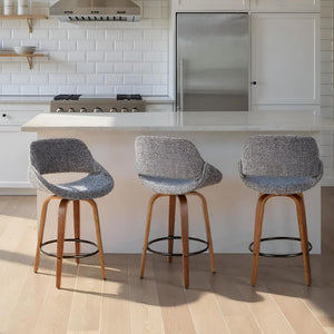 English Elm Mid-Century Modern Swivel Counterstools with Walnut Frame and Upholstered Seats Set of 2 Gray Fabric B202S02435
