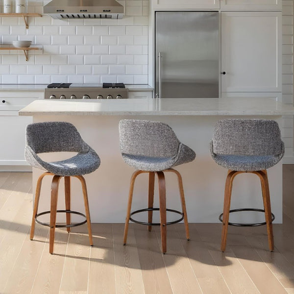 English Elm Mid-Century Modern Swivel Counterstools with Walnut Frame and Upholstered Seats Set of 2 Gray Fabric B202S02435