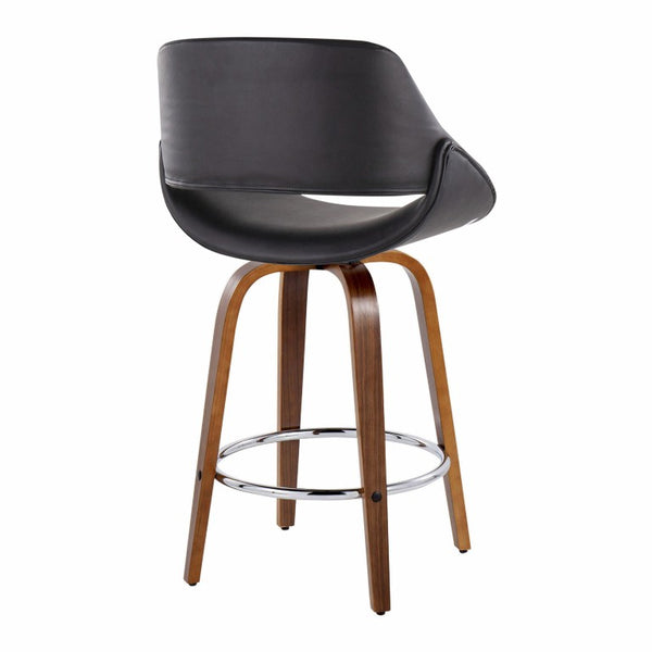 English Elm Mid-Century Modern Swivel Counterstools with Walnut Frame and Upholstered Seats Set of 2 Black Faux Leather B202S02438