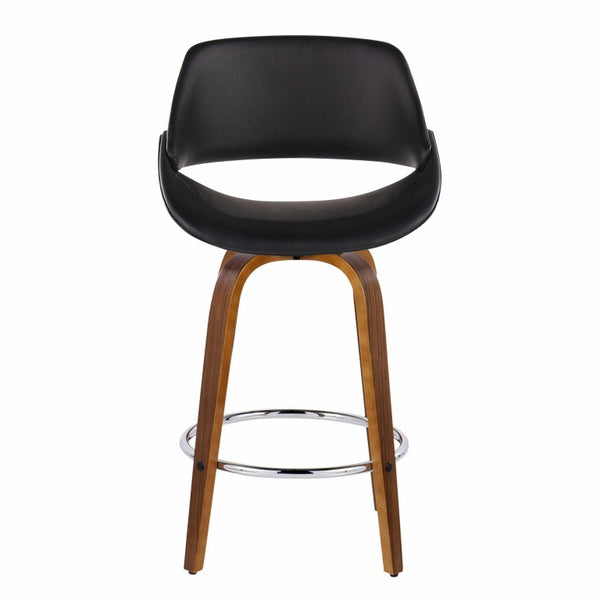English Elm Mid-Century Modern Swivel Counterstools with Walnut Frame and Upholstered Seats Set of 2 Black Faux Leather B202S02438