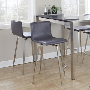 English Elm 26 Inch Swivel Counterstools with Bentwood Base Grey Upholstery and Metal Footrest Set Gray Faux Leather B202S02444