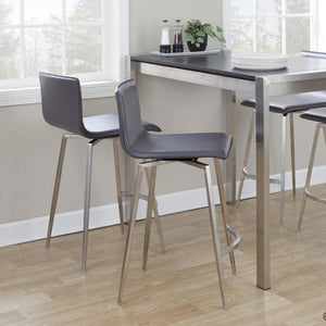 English Elm 26 Inch Swivel Counterstools with Bentwood Base Grey Upholstery and Metal Footrest Set Gray Faux Leather B202S02444