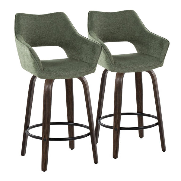 English Elm Mid-Century Modern Swivel Counterstools with Walnut Frame and Upholstered Seats Set of 2 Green Fabric B202S02445