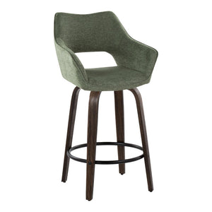 English Elm Mid-Century Modern Swivel Counterstools with Walnut Frame and Upholstered Seats Set of 2 Green Fabric B202S02445