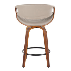 English Elm Mid-Century Modern Swivel Counterstools with Walnut Frame and Upholstered Seats Set of 2 Gray Faux Leather B202S02446