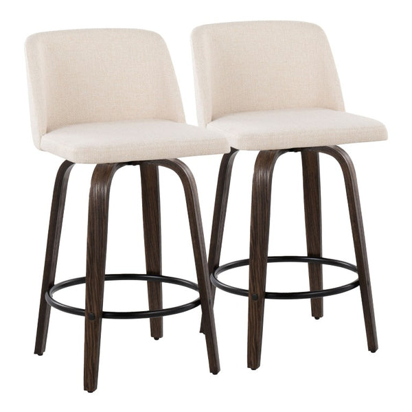 English Elm 26 Inch Swivel Counterstools with Bentwood Base Grey Upholstery and Metal Footrest Set Cream Fabric B202S02447