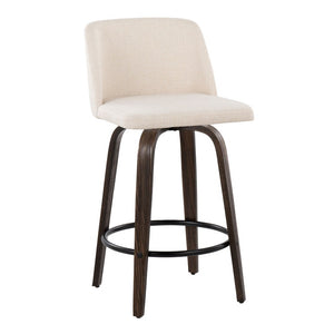 English Elm 26 Inch Swivel Counterstools with Bentwood Base Grey Upholstery and Metal Footrest Set Cream Fabric B202S02447