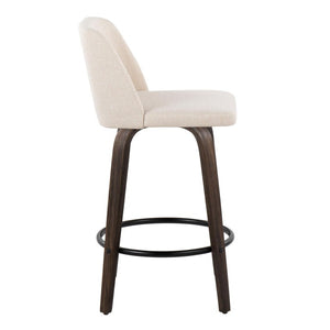 English Elm 26 Inch Swivel Counterstools with Bentwood Base Grey Upholstery and Metal Footrest Set Cream Fabric B202S02447