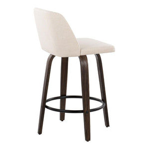 English Elm 26 Inch Swivel Counterstools with Bentwood Base Grey Upholstery and Metal Footrest Set Cream Fabric B202S02447