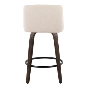 English Elm 26 Inch Swivel Counterstools with Bentwood Base Grey Upholstery and Metal Footrest Set Cream Fabric B202S02447